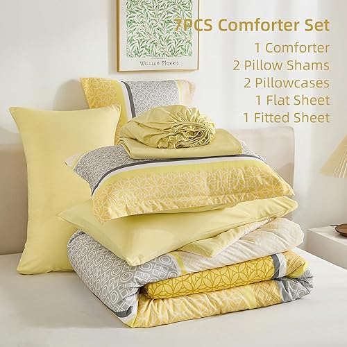 Miniatura 7 de WONGS BEDDING Juego de edredón amarillo tamaño Queen, juego de edredón y sábanas de 7 piezas a rayas en una bolsa, juego de ropa de cama bohemio