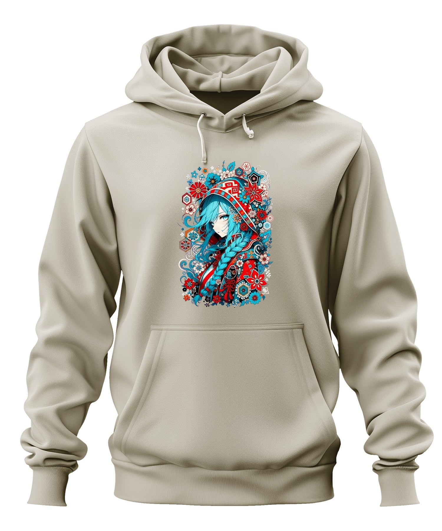 Anime dziewczęca niebieskie włosy Japonia Y2K bluza z kapturem, natura, M | Aesthetic warkocz kwiaty tradycyjny Cosplay fantazja prezent dla geek kolorowy portret folkloru