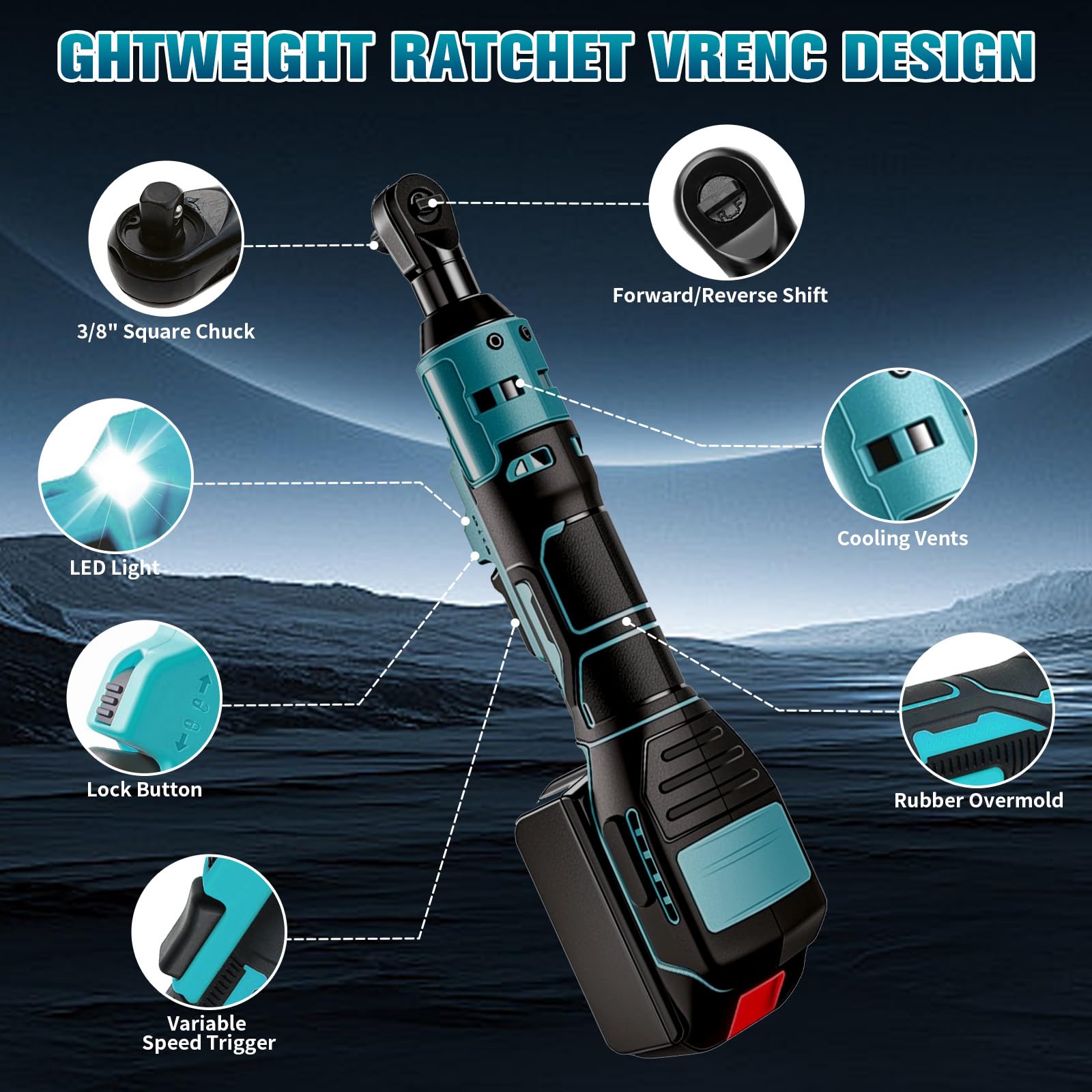 Akumulatorowa grzechotka do Makita 18 V akumulator – klucz zapadkowy 3/8", 60 Nm 400 obr./min, elektryczna grzechotka z 8 kluczami nasadowymi, adapterem 1/4" i drążkiem przedłużającym 3" (bez baterii)