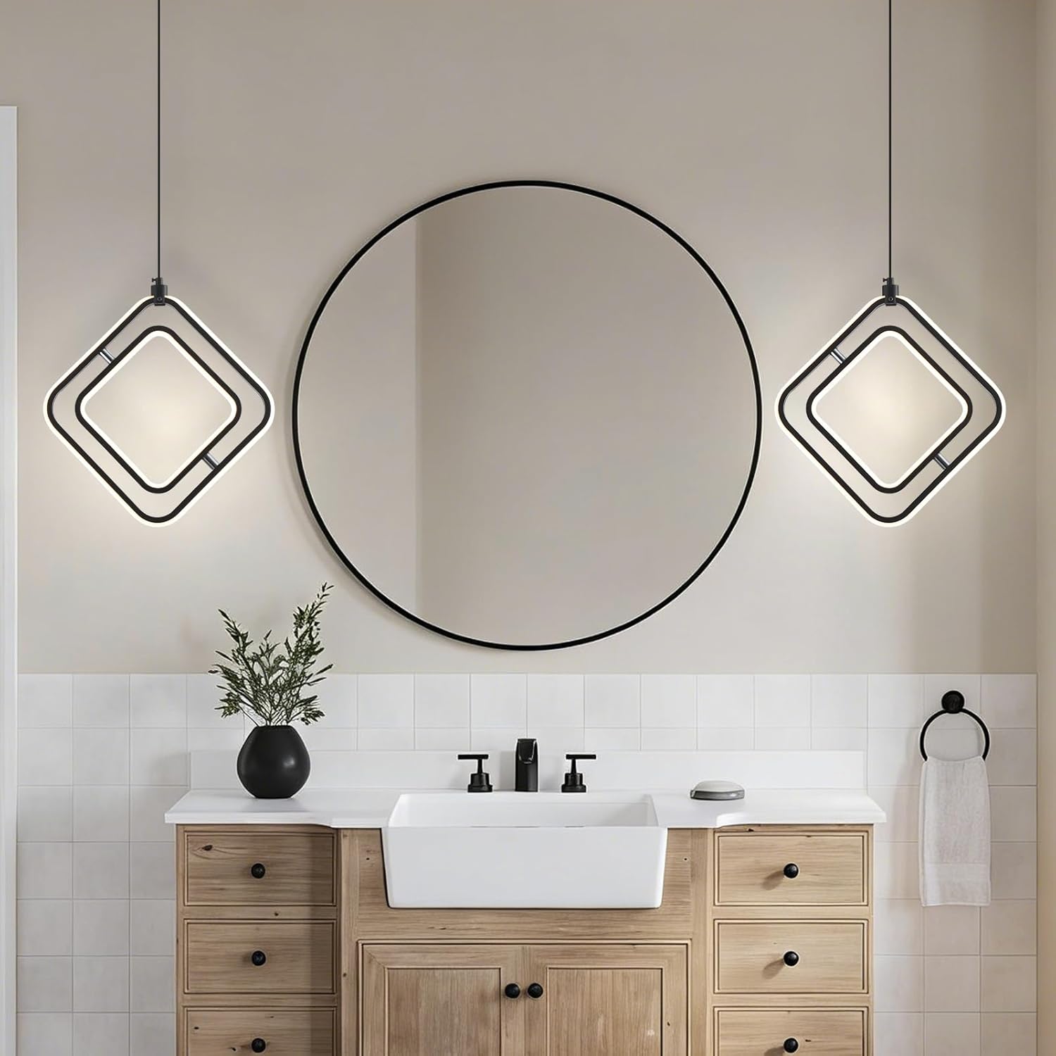Modern Pendant Lights, LED Pendant Light Fixtures for Kitchen Island, 3000K LED Pendant Lighting for Bedroom, Bathroom, Living Room, Adjustable Height Square Chandelier, 2 Pack
