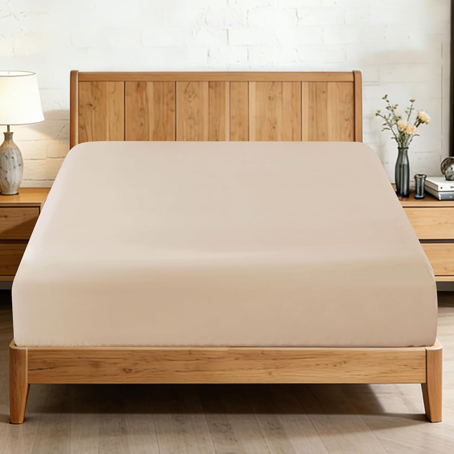 100% Egyptian Cotton Queen Size Fitted Sheet, 600 Thread Count, 16" Deep Pocket Sateen Weave Fitted Sheet, Soft Breathable Hotel Quality, Durable Bottom Sheet Only (Queen, Beige)