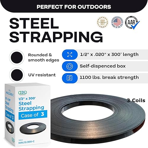 Miniatura 31 de IDL Packaging Bobina de fleje de acero de 1/2 pulgada x 0.020 pulgadas x 300 pies (resistencia a la rotura de 1100 libras) en caja de tablero