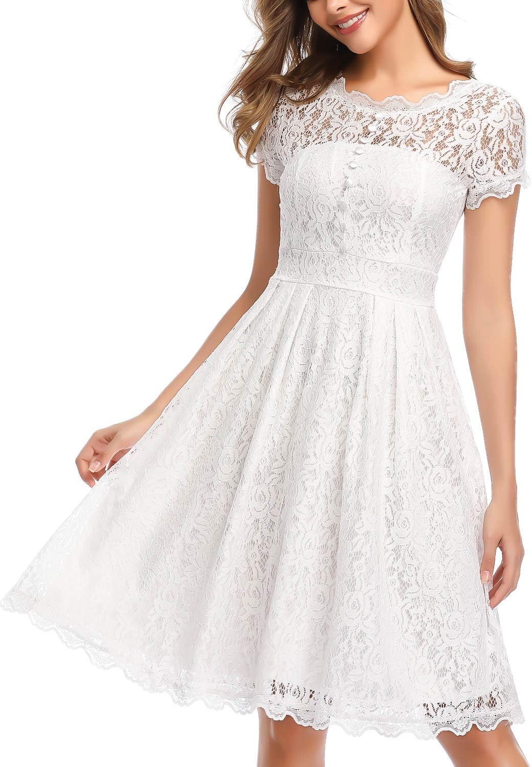 IHOT Women's Elegant Round Neck Cap Sleeves Floral Lace V-Back Vintage Cocktail Party A Line Swing Dress