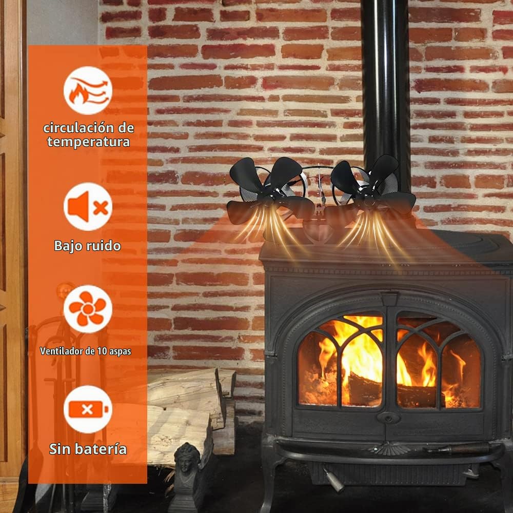 Ventilador de chimenea de 10 hojas, sin electricidad, silencioso, con termómetro, ventilador accionado por calor, perfecto para habitaciones grandes, para leña/leña/chimenea