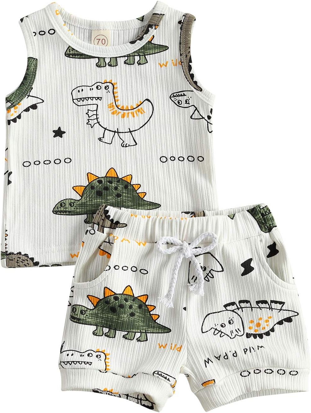 Ledy ChampswiinToddler Boy Clothes Baby Summer Outfit Dinosaur Letter Print Cotton Tops+Grey Elastic Shorts 2pcs