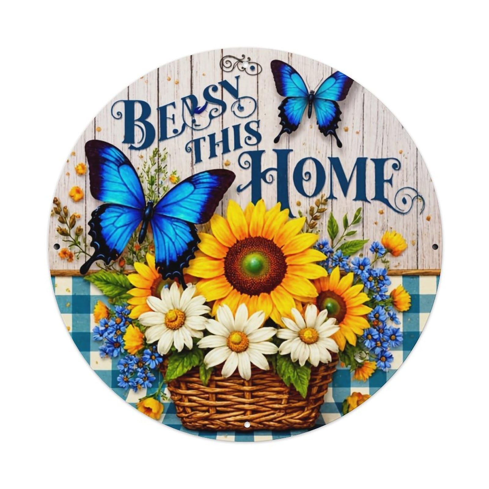 Bless This Home Butterflies Flowers Basket Vintage Round Tin Sign Retro Metal Wall Decor Metal Poster, Home Bar Garage Cafe Wall Art Decoration 8x8Inches