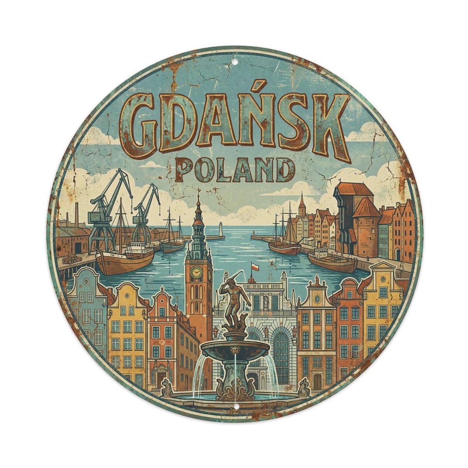 Poland Vintage Travel Gdansk Vintage Metal Tin Sign Plaque Wall Decor for Cafe, Club Bar, Office, Garden Metal Poster 8x8Inch