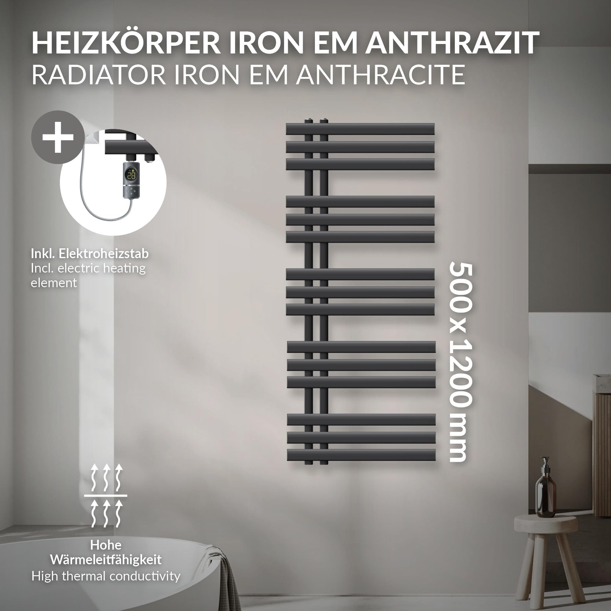 LuxeBath Radiador Eléctrico Iron EM 500 x 1200 mm Antracita, Estufa Toallera Vertical con Elemento Calefactor 900W Termostato de Pantalla Digital, Calentador de Pared de Diseño Moderno para Baño