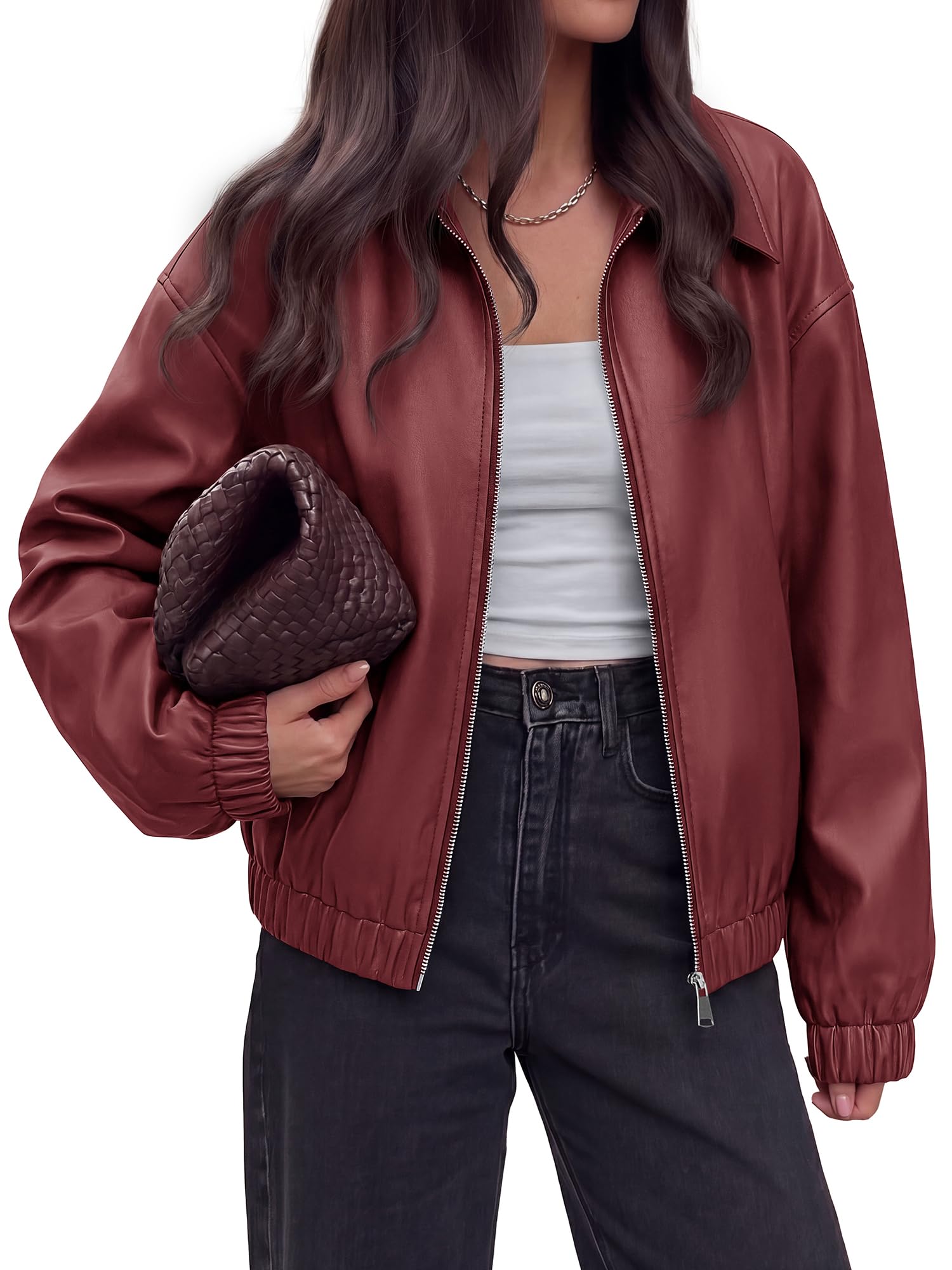 KIRUNDO Fall Faux Leather Jacket Women Oversized Zip Up Bomber Coats