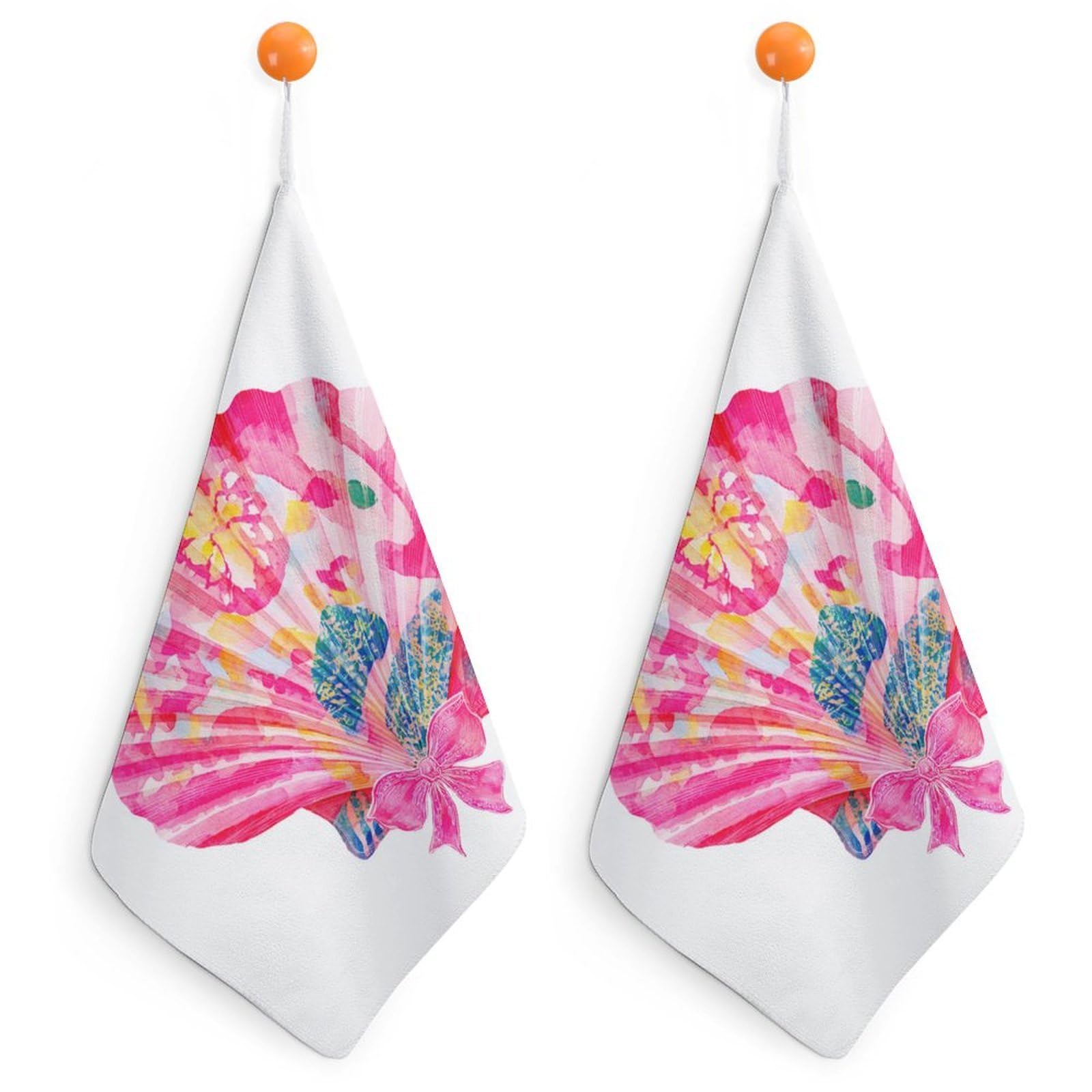 Jubonexis Preppy Neon Pink Sea Shell Small Hand Towel with Hanging Loop 2 PCS Absorbent Soft Wash Cloth for Kitchen Bathroom