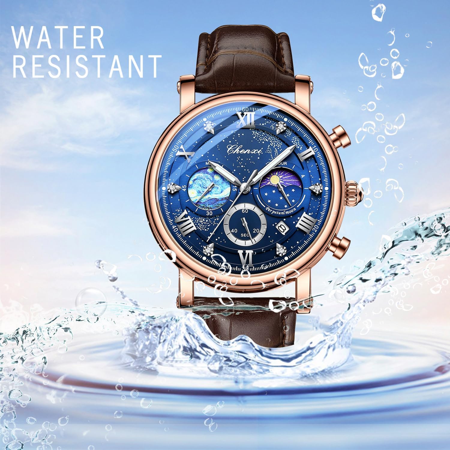 JewelryWe Men’s Sub-dials Leather Watch - Multifunctional Starry Sky Dial Luminous Quartz Calendar Waterproof Wristwatch for Father's Day image 4