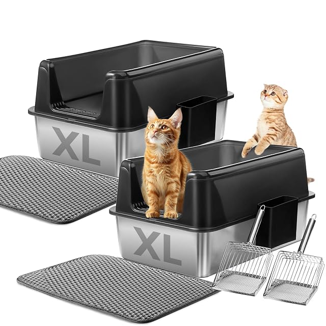 Marchul Paquete de 2 bandejas de arena para gatos, cajas de arena de acero inoxidable XL de 60 x 40 x 31 cm