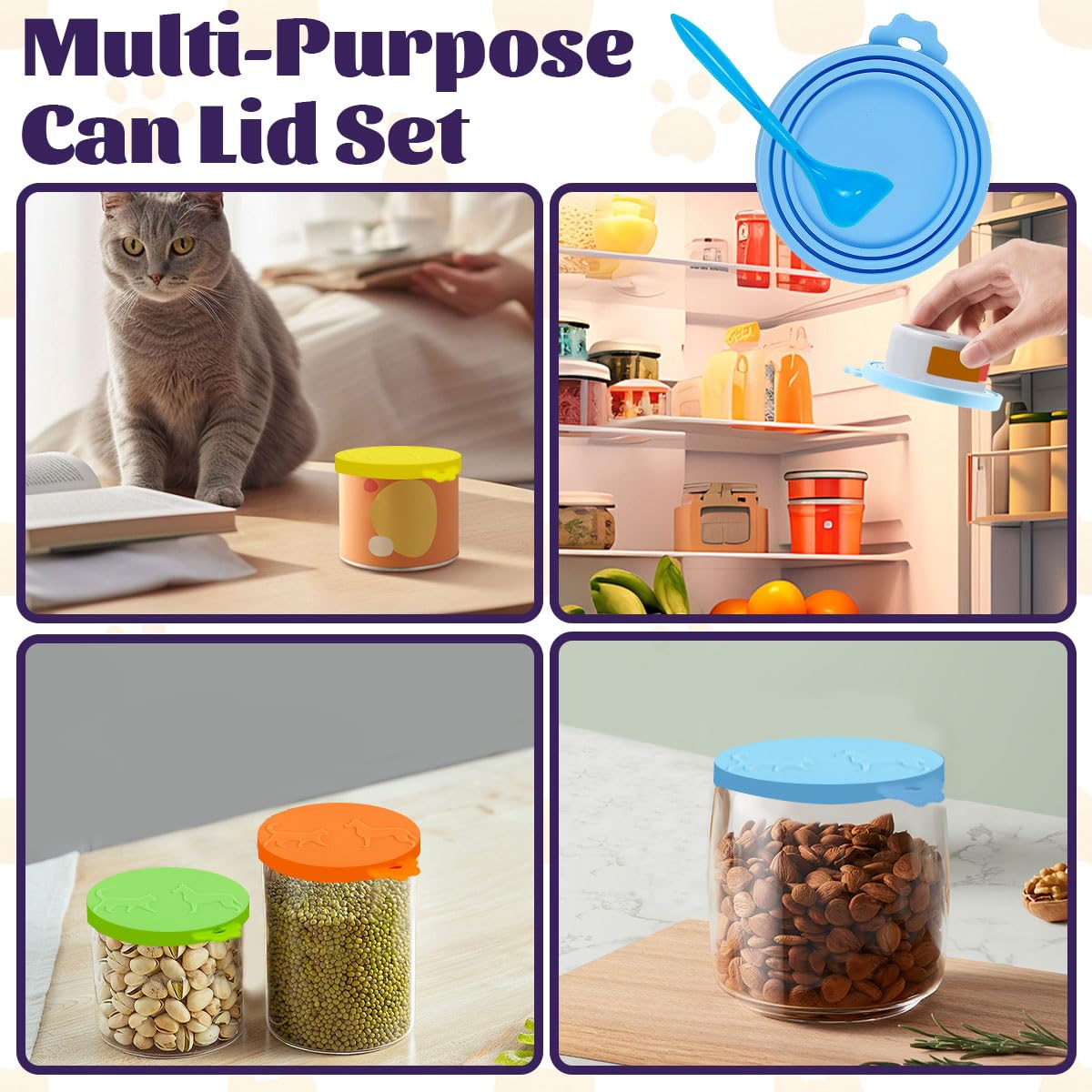 Lot De 6 Couvercles De Boîte De Nourriture pour Chat avec 6 Cuillères en Silicone 70g 85 G 200 G 400 G Couvercles pour Boîtes De Conserve, Couvercles pour Boîtes Alimentaires
