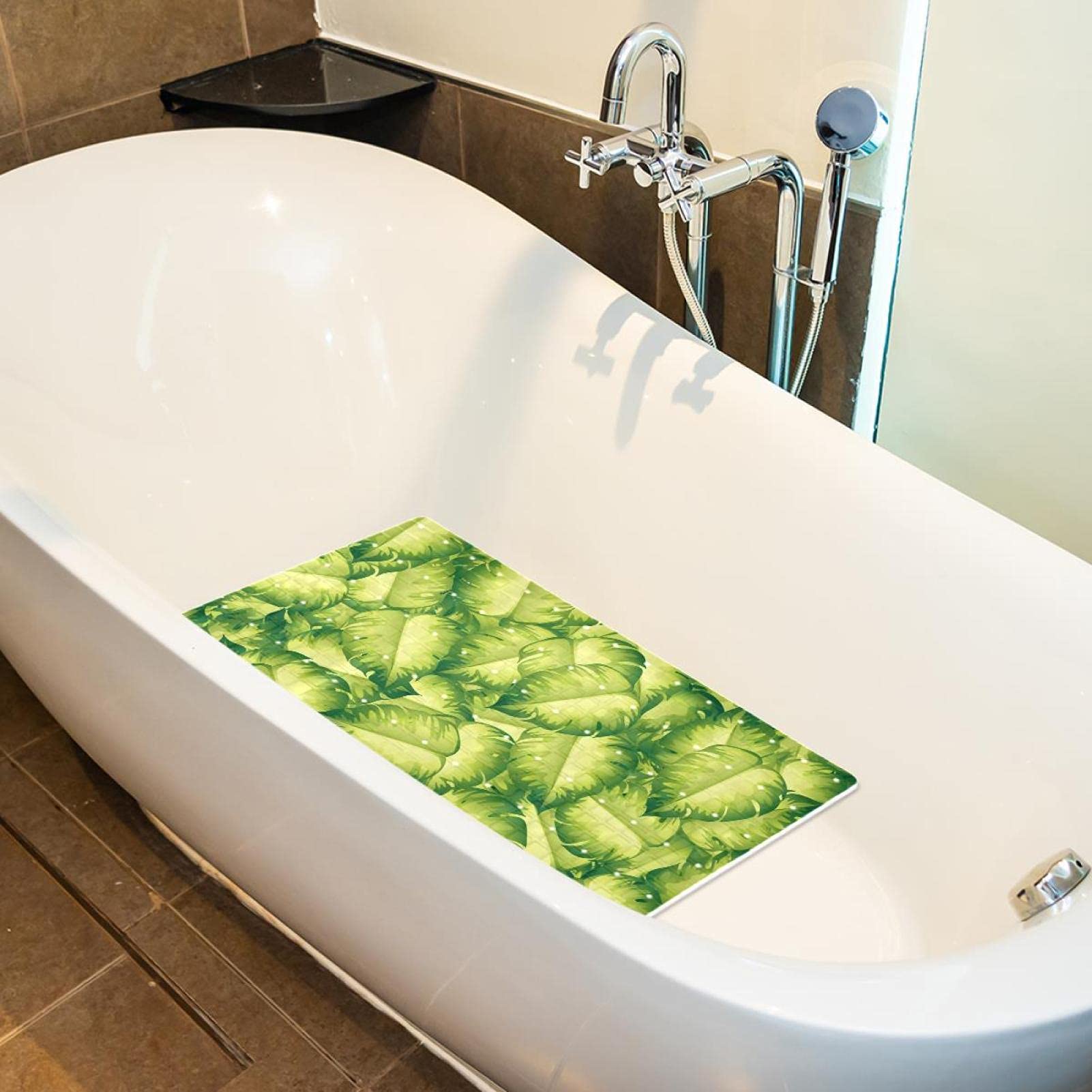 Tapis De Bain Antidérapant Bébé Avec Ventouses - Aquarelle Feuilles Vertes Et Dorées