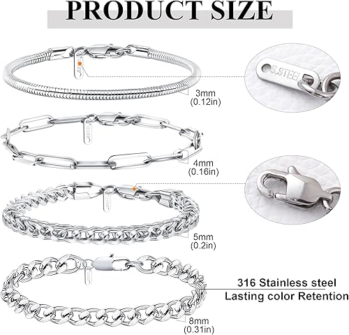 Miniatura 2 de Ritach Pulsera de cadena cubana de acero inoxidable para hombres y mujeres, ancho de bordillo, cuerda de plata, juego de pulseras de cadena cubana
