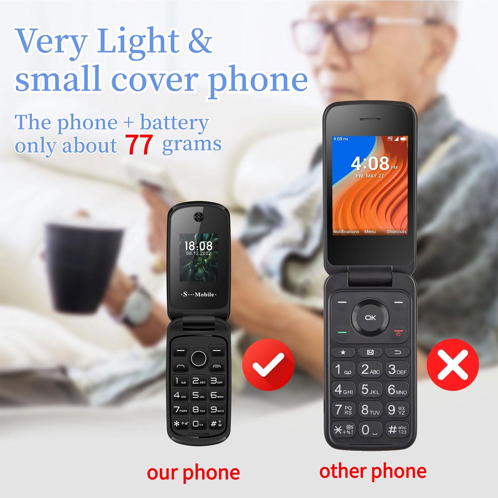 Przenośny Telefon Komórkowy Osób Starszych, 2G Mini Telefon Klapką Dual SIM + Podświetlenie LED/Latarka Głośny Dźwięk Czysty + Numer Rodzinny SOS Wibracja Przypominająca,Black