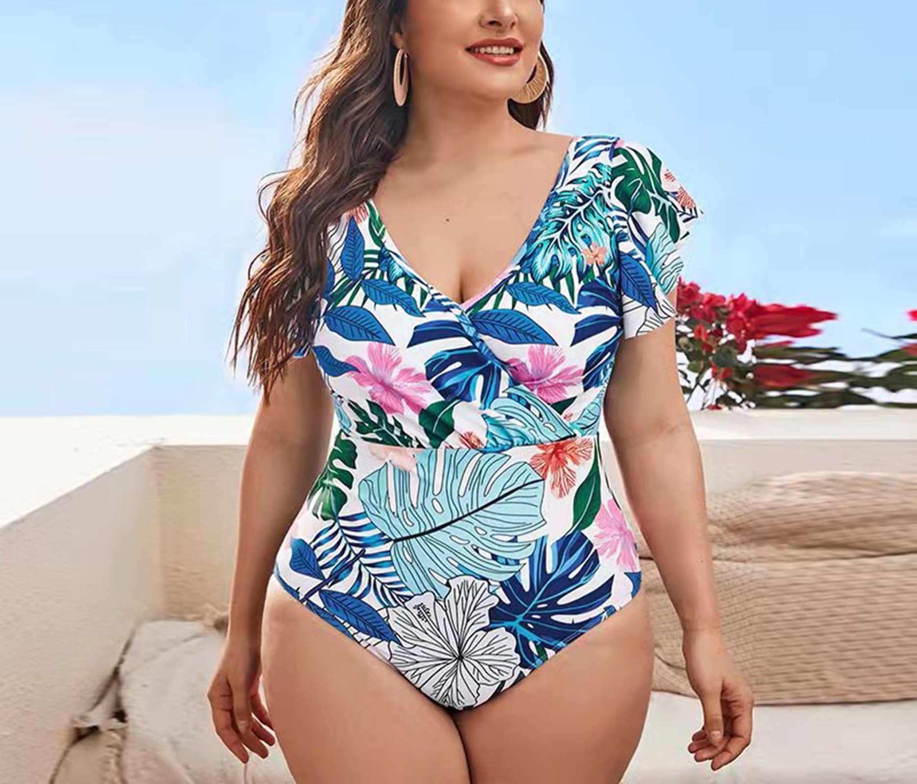 Traje de baño de 1 pieza, traje de baño para mujer, talla grande, con hojas tropicales y flores impresas, de poliéster suave