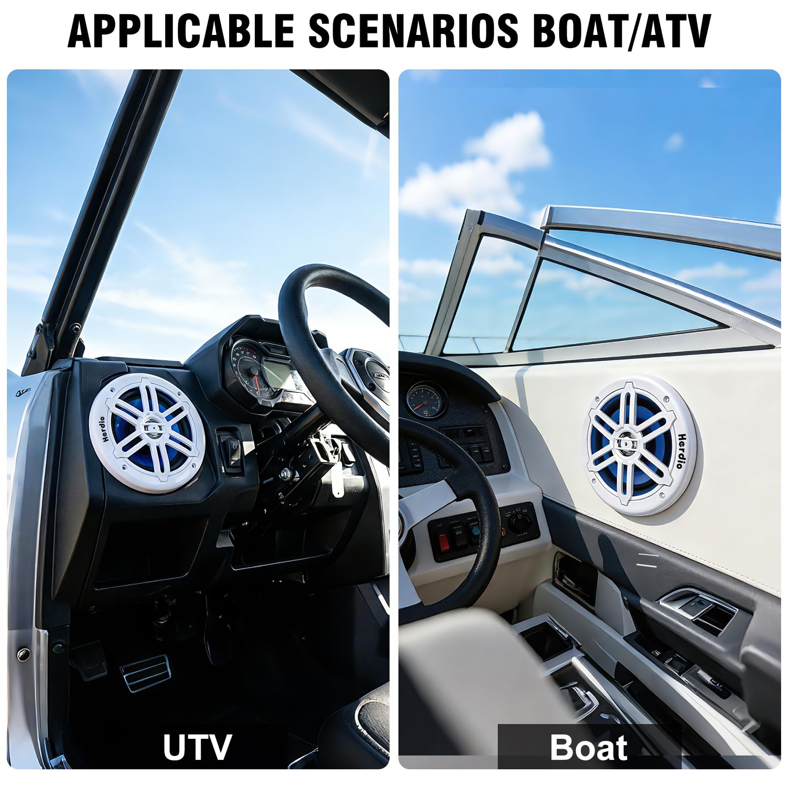 Herdio 6.5" 350W Marine Speakers - IP66 Waterproof Coaxial Audio, with Blue LED Light for Boats, ATVs, UTVs with UV Resistant White Grille (A Pair)