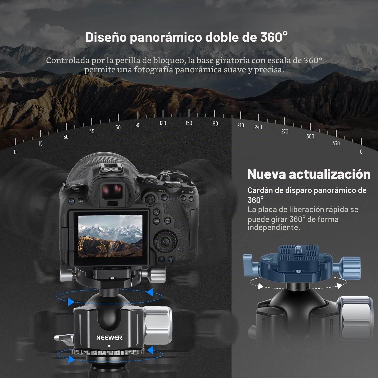 NEEWER Cabezal de Bola de Perfil bajo de 44 mm, aleación de Aluminio CNC Resistente con Doble panorámica de 360° y Tornillo de 1/4 Pulgadas, Placa Tipo QR para cámara DSLR, videocámara, trípode,