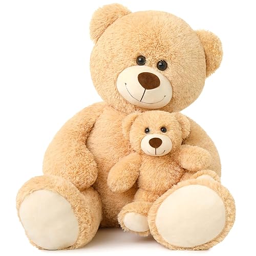 Muiteiur 39 Inch Giant Teddy Bear, Fun Mom Bear Plush with Attached Baby, Large Soft Plush Toy Gift for Kids Girlfriend Boy (Light Brown) - 39 in - Light Brown