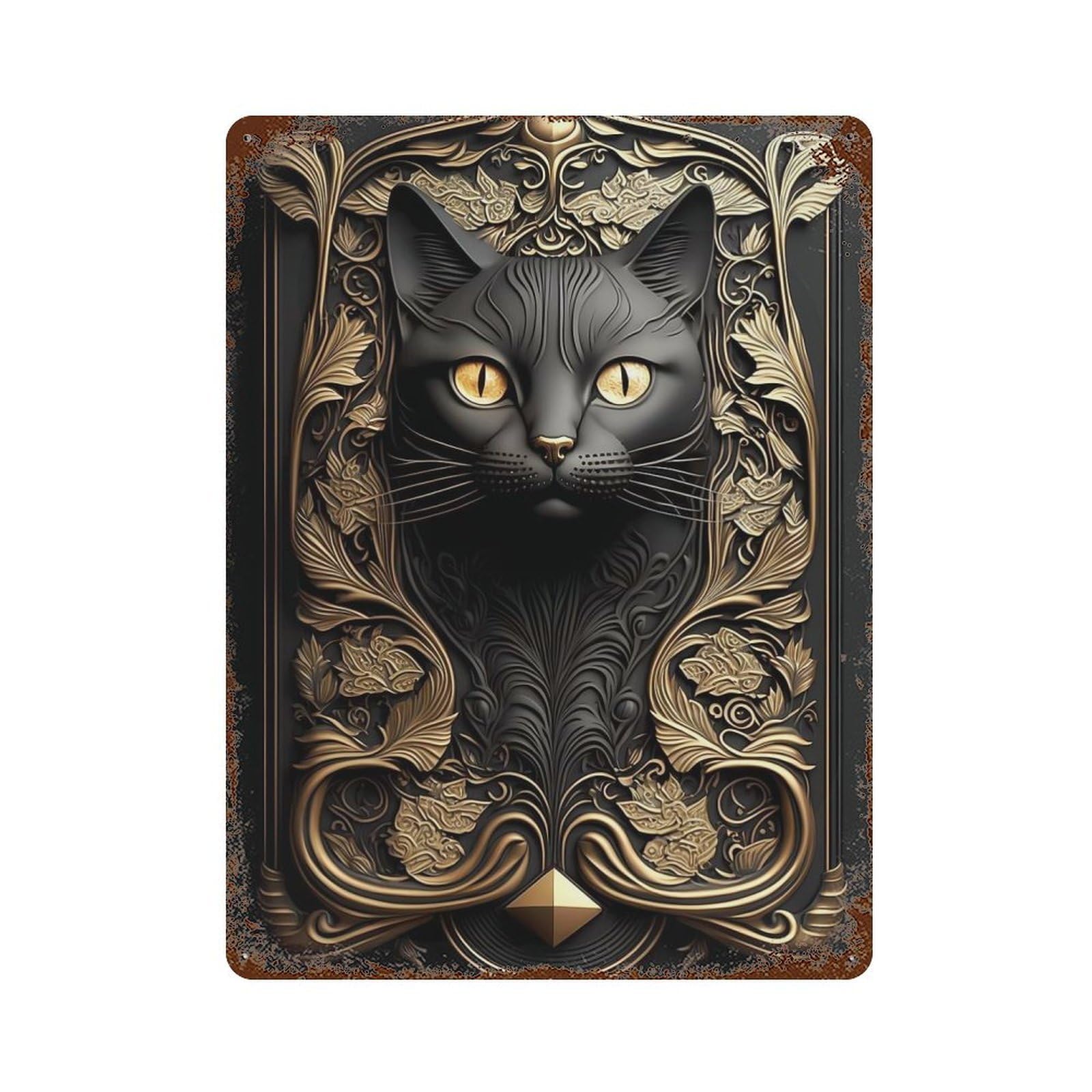 Black Cat Golden Art Deco Aged Metal Wall Plaque 15.7"x11.8", for Office, Studio And Wall Decor, Novelty Wall Decor