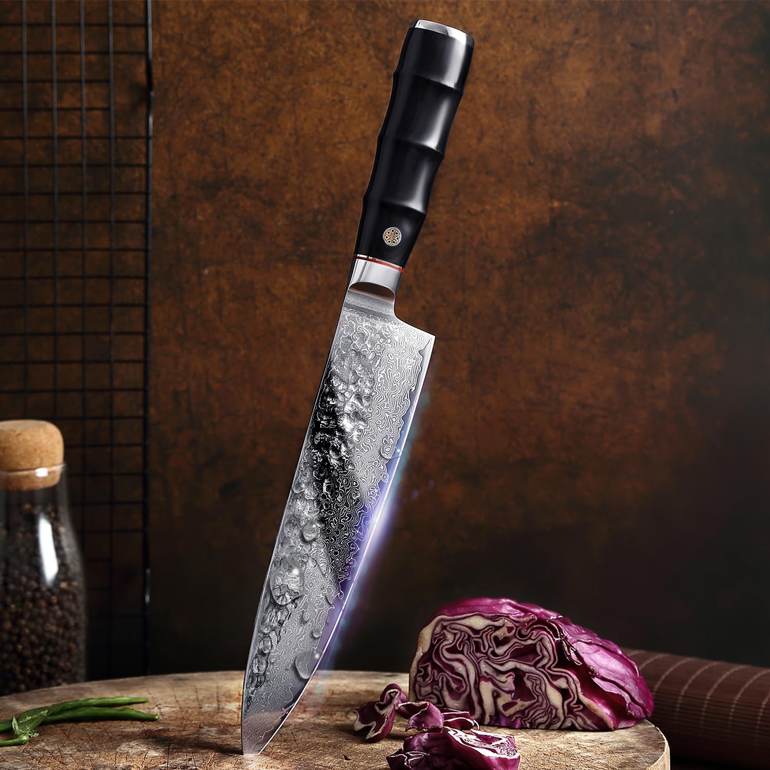 Damascus Chef Knife VG-10 Super Stainless Steel Blade 67-layer Real Damascus Knife Professional Sharp Kitchen Knives with Ergonomic Handle Brown Durable Chefs Knives set Silver Blade 8 Inch