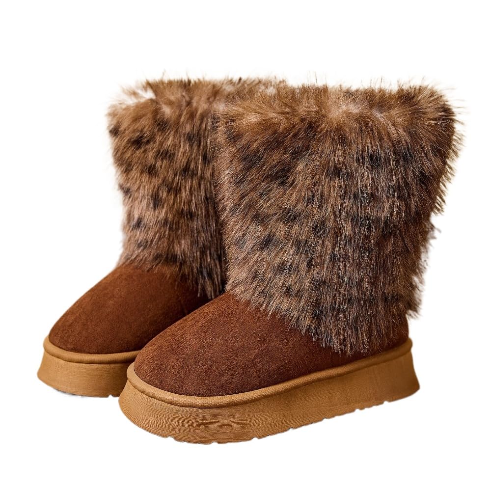 Womens Platform Cheetah Print Fur Boots Cute Chunky Heel Mid-calf Fuzzy Indoor House Shoes Christmas Gift for Girls