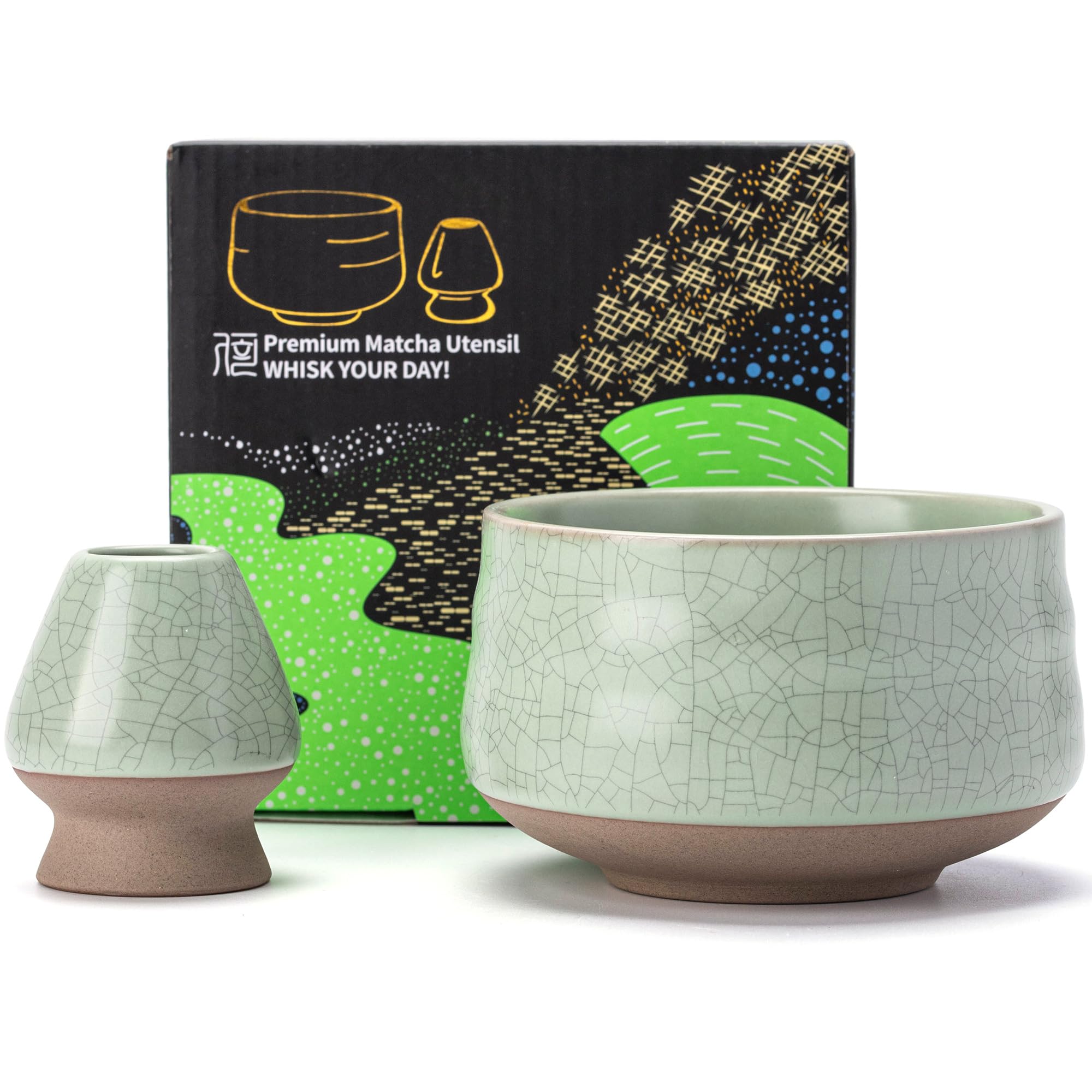 TEANAGOO EMB-6 Japan Matcha Bowl in Porcellana e Matcha Whisk (Chasen) Set di Supporti per imballaggio, 18OZ / 510 ML, Verde Chiaro Opaco con Cucitura Nera, 2 Pezzi/scatole.…