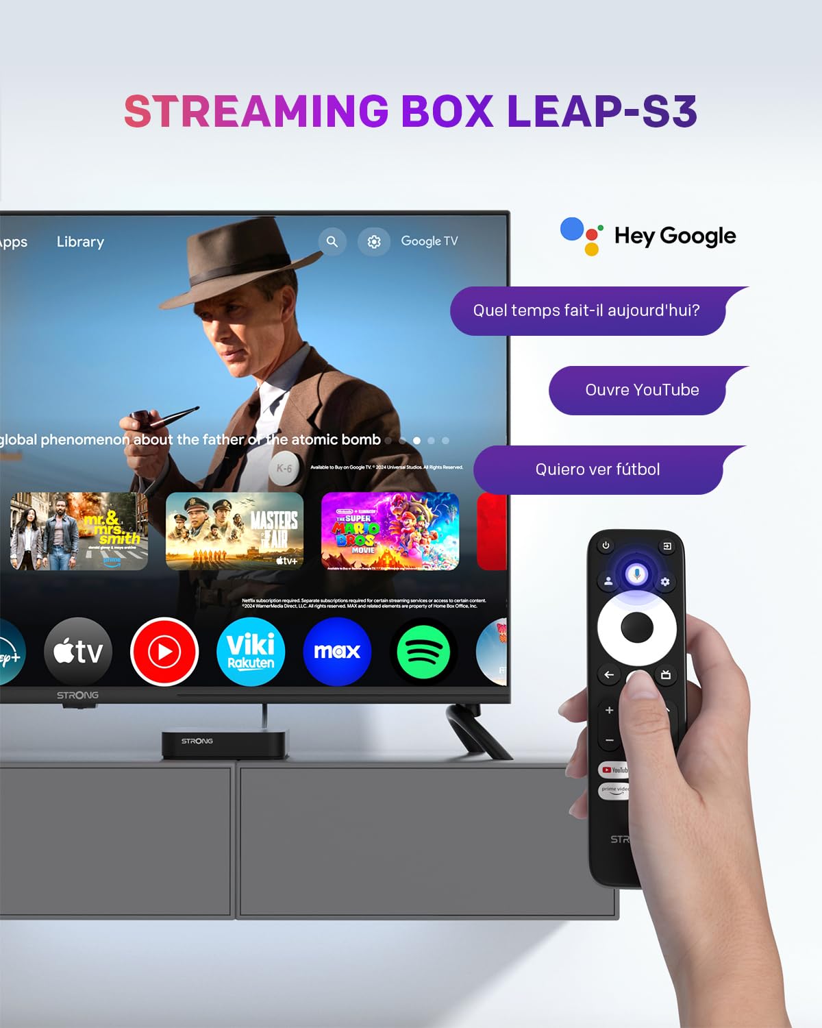 STRONG Leap-S3 Streaming Box Google TV 4K UHD avec Port Ethernet, 2GB RAM + 16GB Stockage, Chromecast Intégré, WiFi, Assistant Google Vocal, HDR10+, Dolby Audio & Dolby Vision