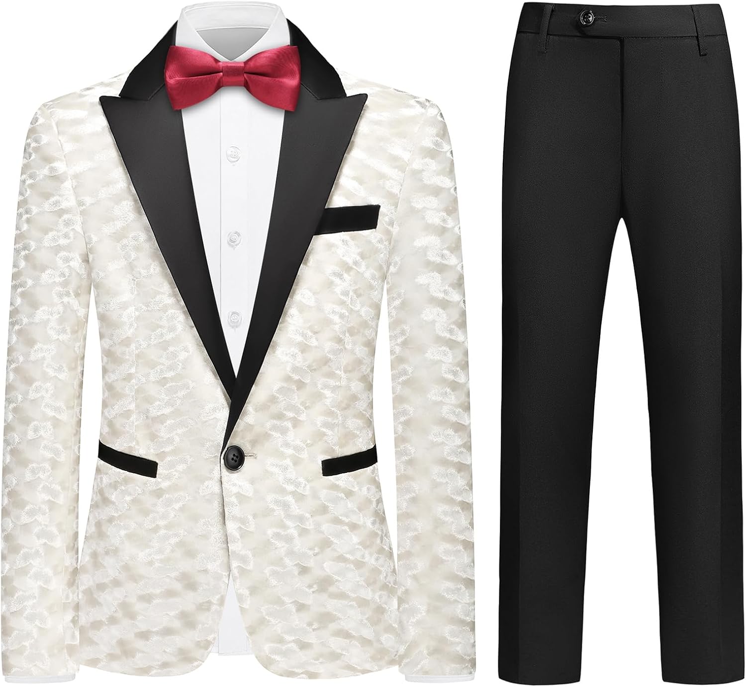 Boys Velvet Tuxedo Suit Set 5 Piece Formal Outfit with Jacket Pants Shirt and Bow Ties Slim Fit Blazer Sizes 4-18