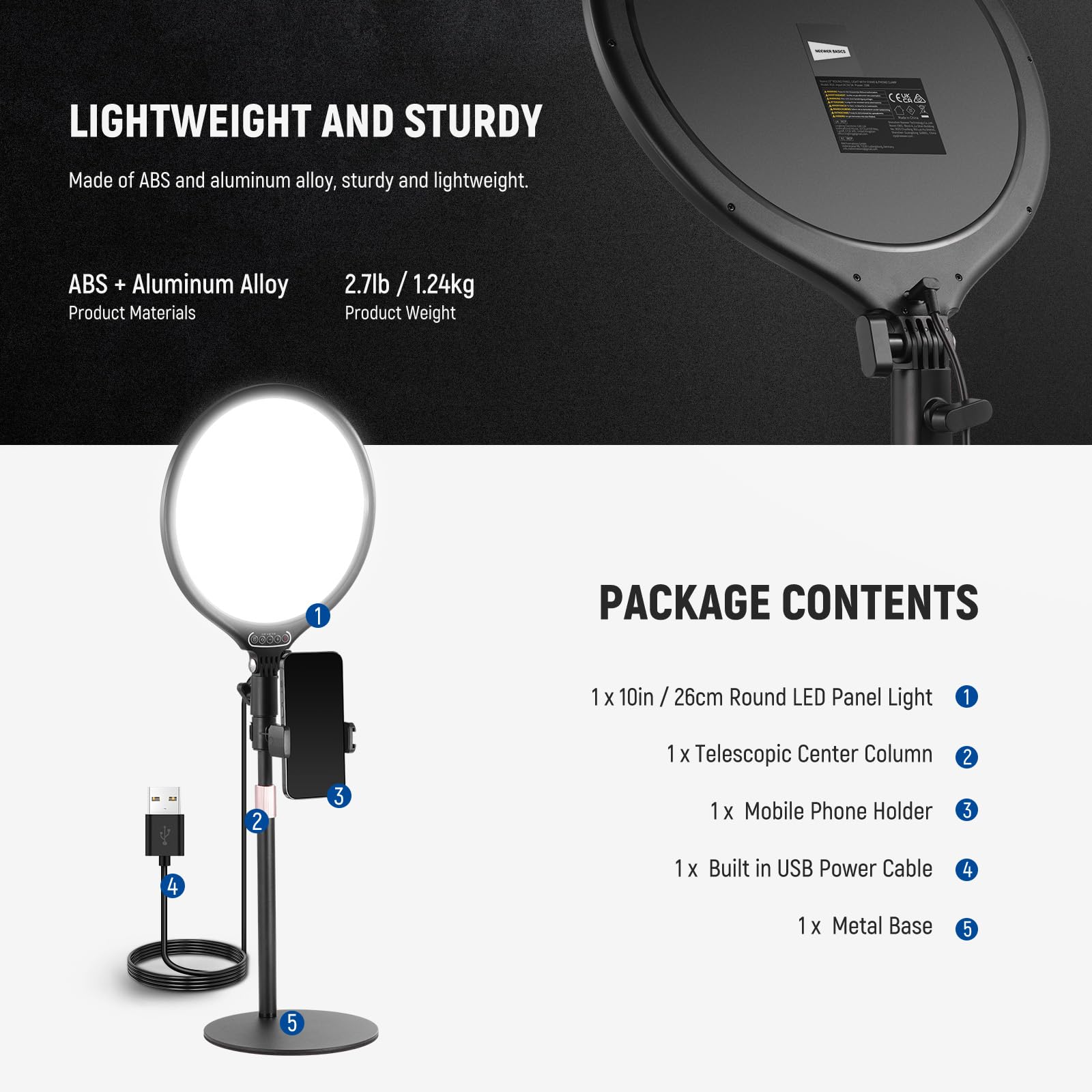 NEEWER Basics 10,5" lampka na biurko w stojak/uchwyt na telefon/timer, Full Screen 15 W przyciemniany panel LED do selfie oświetlenie do nagrywania iPhone streaming, laptopa, kamera internetowa, wideo