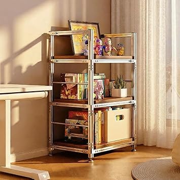 Floor-Standing Modern Bookcase Organizer Simple Home Storage Rack with Aluminum Frame 3/4/5 Tier Display Rack for Living Room Office Multifunctional Shelving Unit.Walnut,60x35x90cm