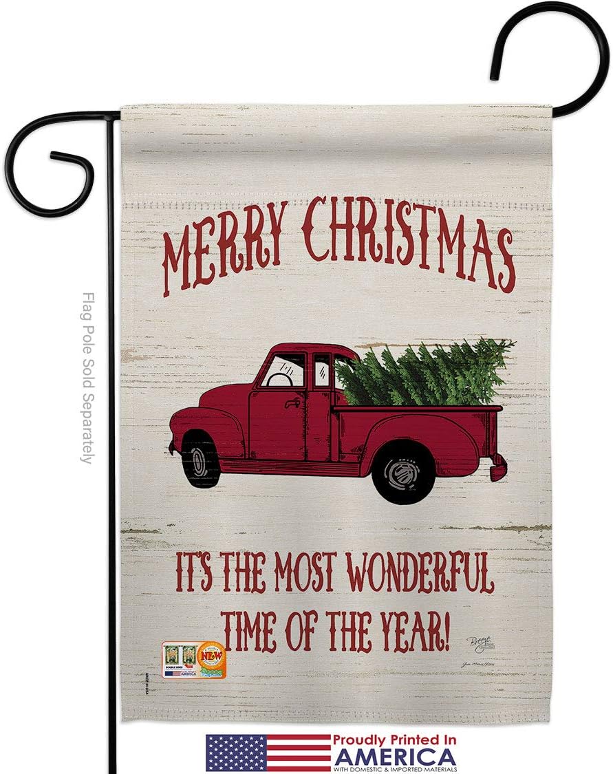 Merry Christmas Vintage Truck Garden Flag Set Wall Holder Wintertime Santa Marry Xmas Present Reindeer Season Snow Small Decorative Gift Yard House Banner Made In USA 13 X 18.5
