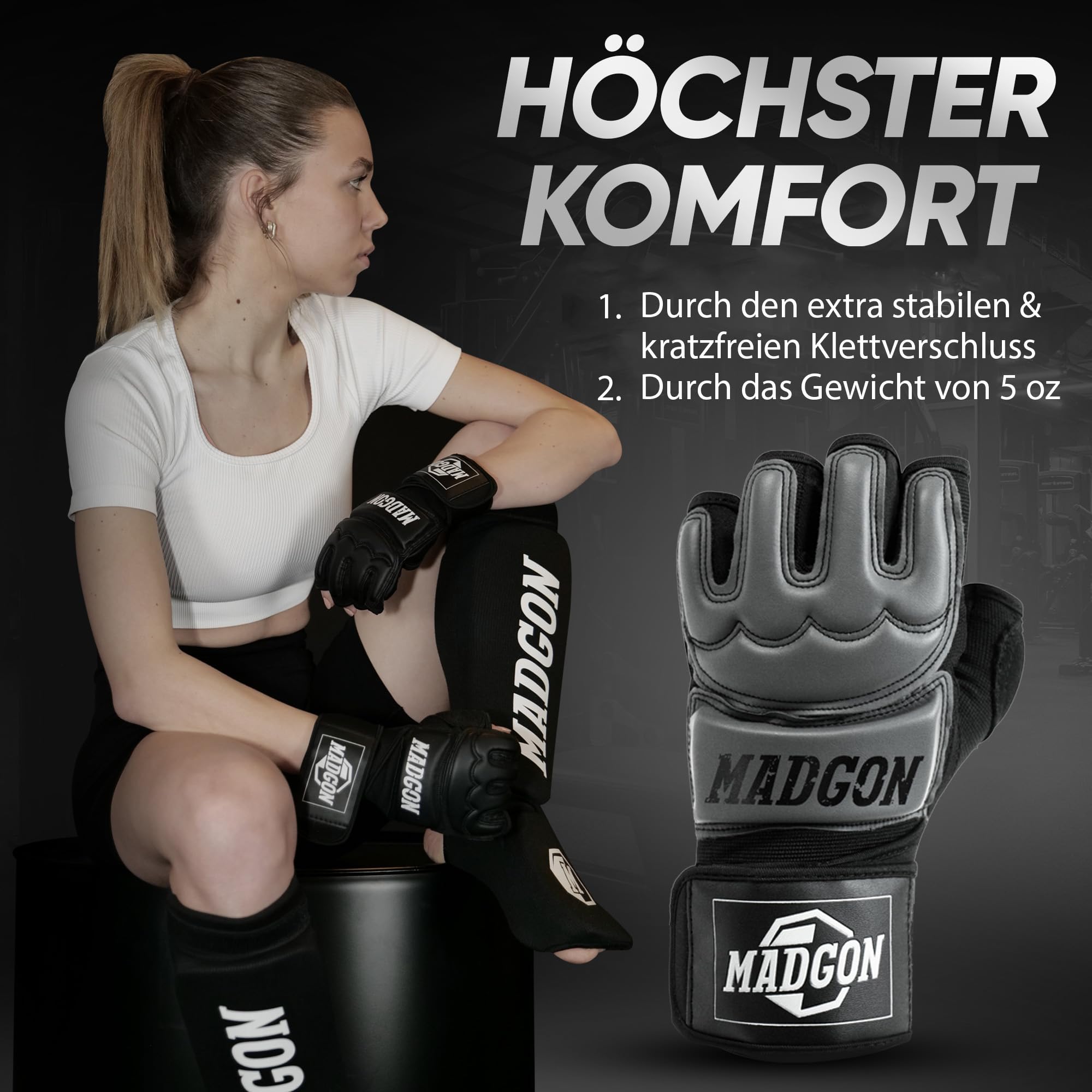 MADGON Rękawice MMA Profi – profesjonalna jakość – wysoka jakość – boks, trening, worek z piaskiem, worek bokserski, freefight, grappling, sztuki walki – rękawice bokserskie