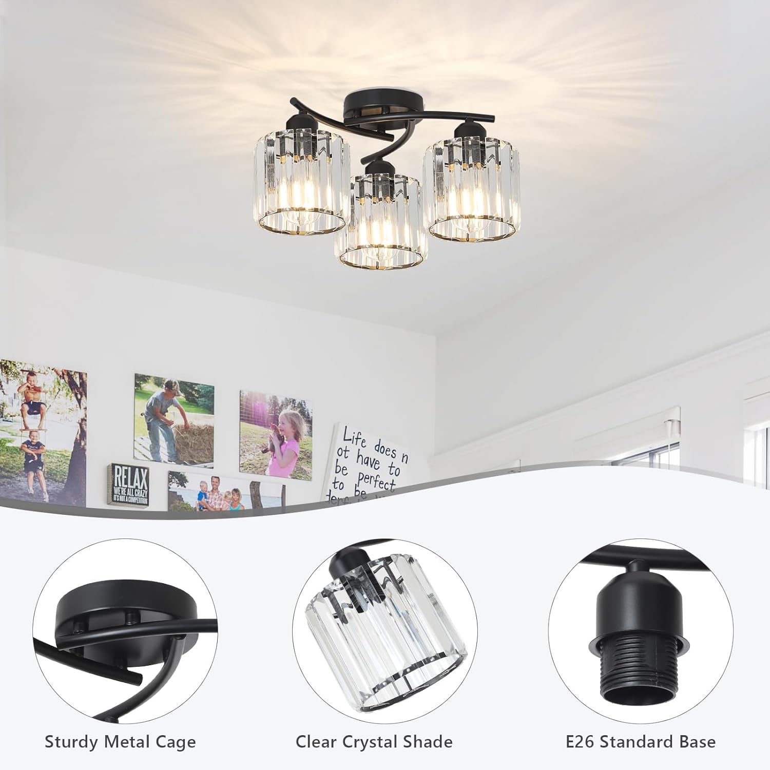 Crystal Semi Flush Mount Ceiling Light,3-Light Black Close to Ceiling Light Fixtures,Kitchen Light Fixture with Clear Crystal Shades,Hallway Light Fixtures for Kitchen Entryway Bedroom Bathroom