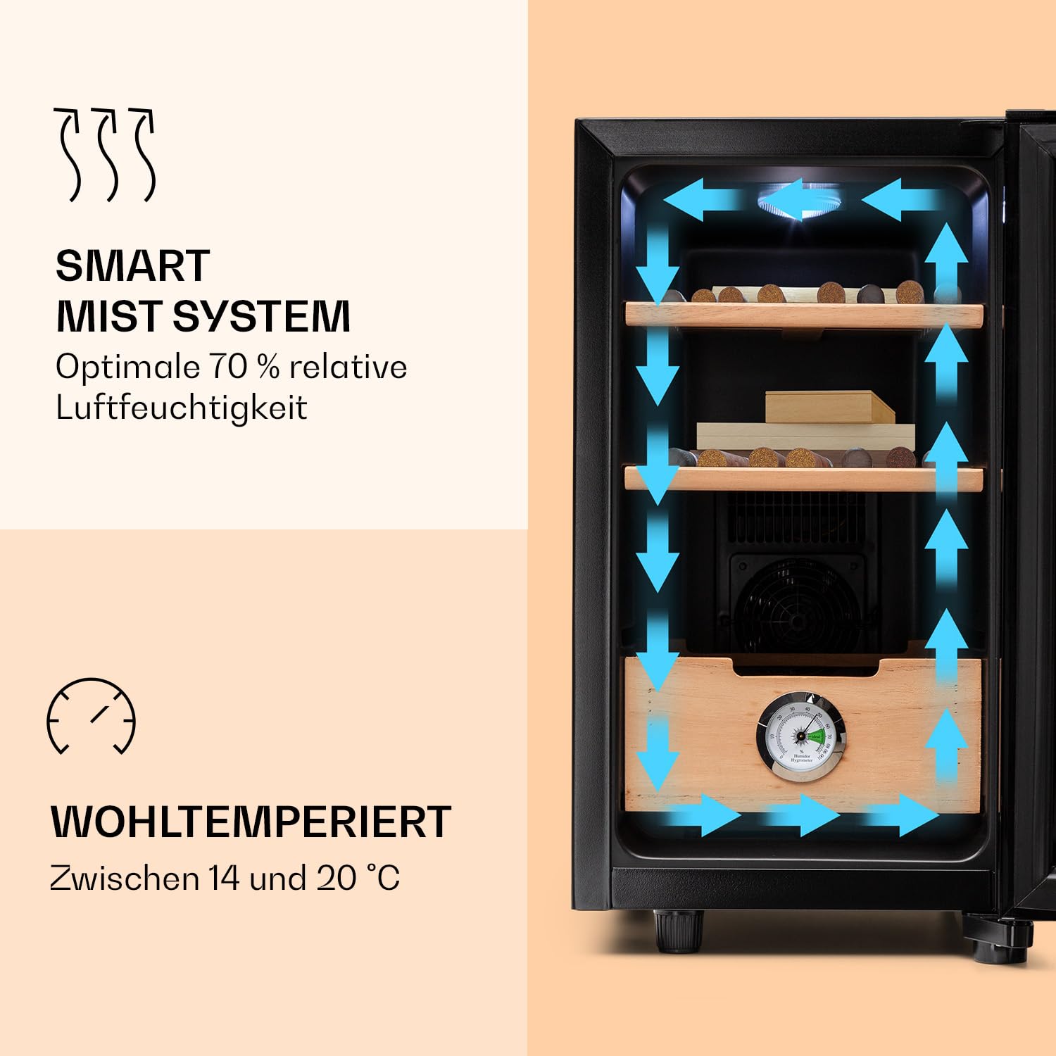 Klarstein El Presidente Zigarren-Humidor - thermoelektrisch, Glastür, freistehend, Einschübe und Schublade aus Zedernholz, Hygrometer, LED-Innenbeleuchtung, 23 Liter, schwarz