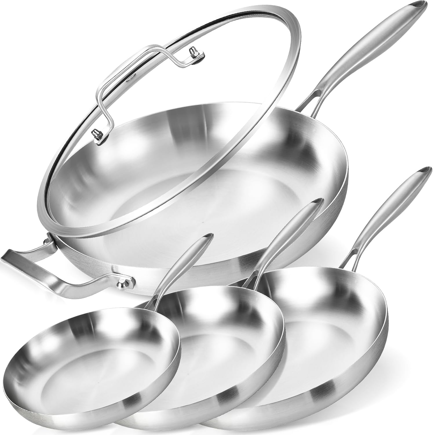 LOLYKITCH 8+10+12 Inch+14 Inch with A Lid, Tri-Ply Stainless Steel Frying Pan Set– Professional Skillet Fast & Even Heating, Induction & Oven Safe Cookware for Modern Home Kitchens