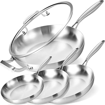 8-10-12-14 Frying Pan Set with A Lid | Tri-Ply Stainless Steel Skillet | Fast & Even Heating | Stay-Cool Detachable Handle | Dishwasher and Oven Safe | Induction Ready | For Modern Home Kitchens