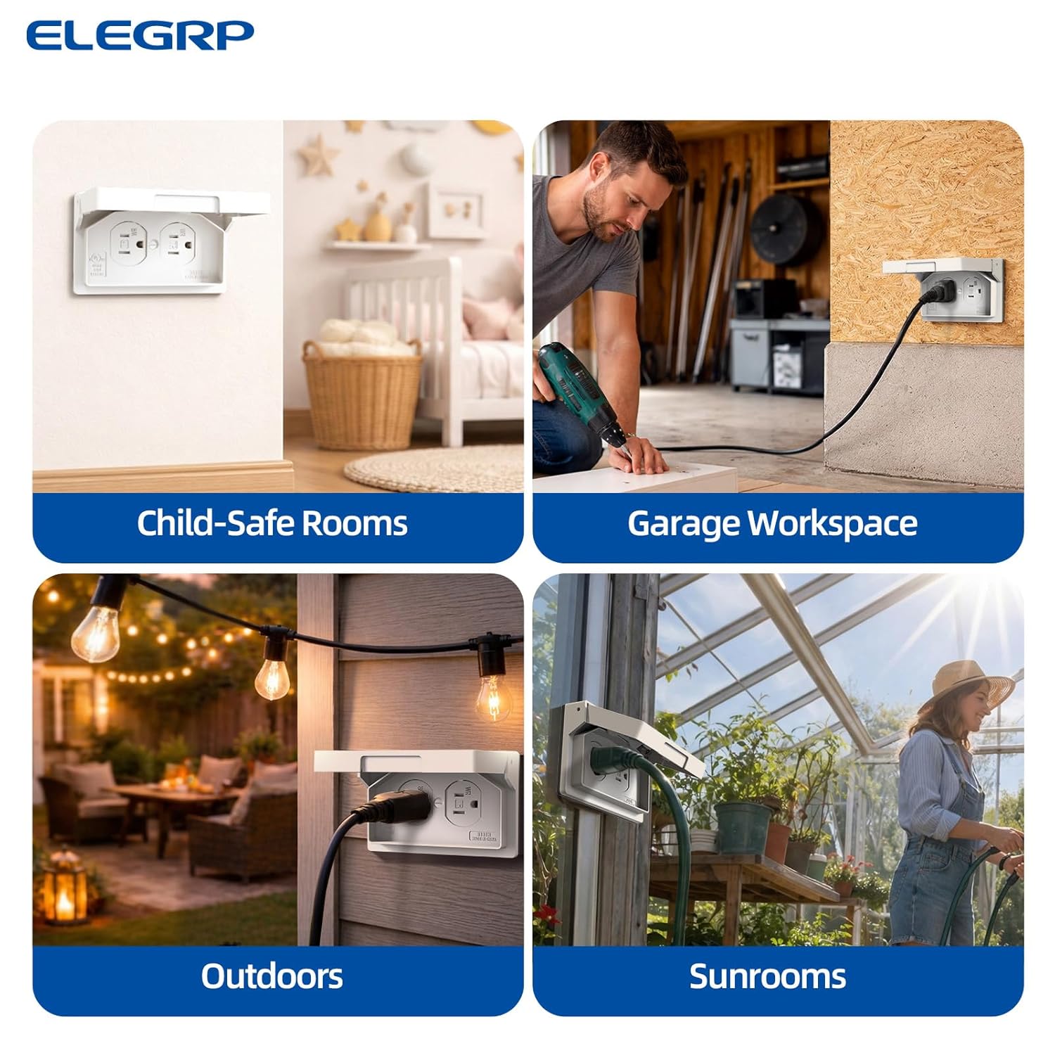 ELEGRP 15 Amp 125V Standard Duplex Receptacle with Horizontal Outdoor Electrical Outlet Cover, TR WR Tamper Weather Resistant Wall Outlets, 2 Pole 3 Wire, Self-Grounding, UL Listed, White, 6 Pack