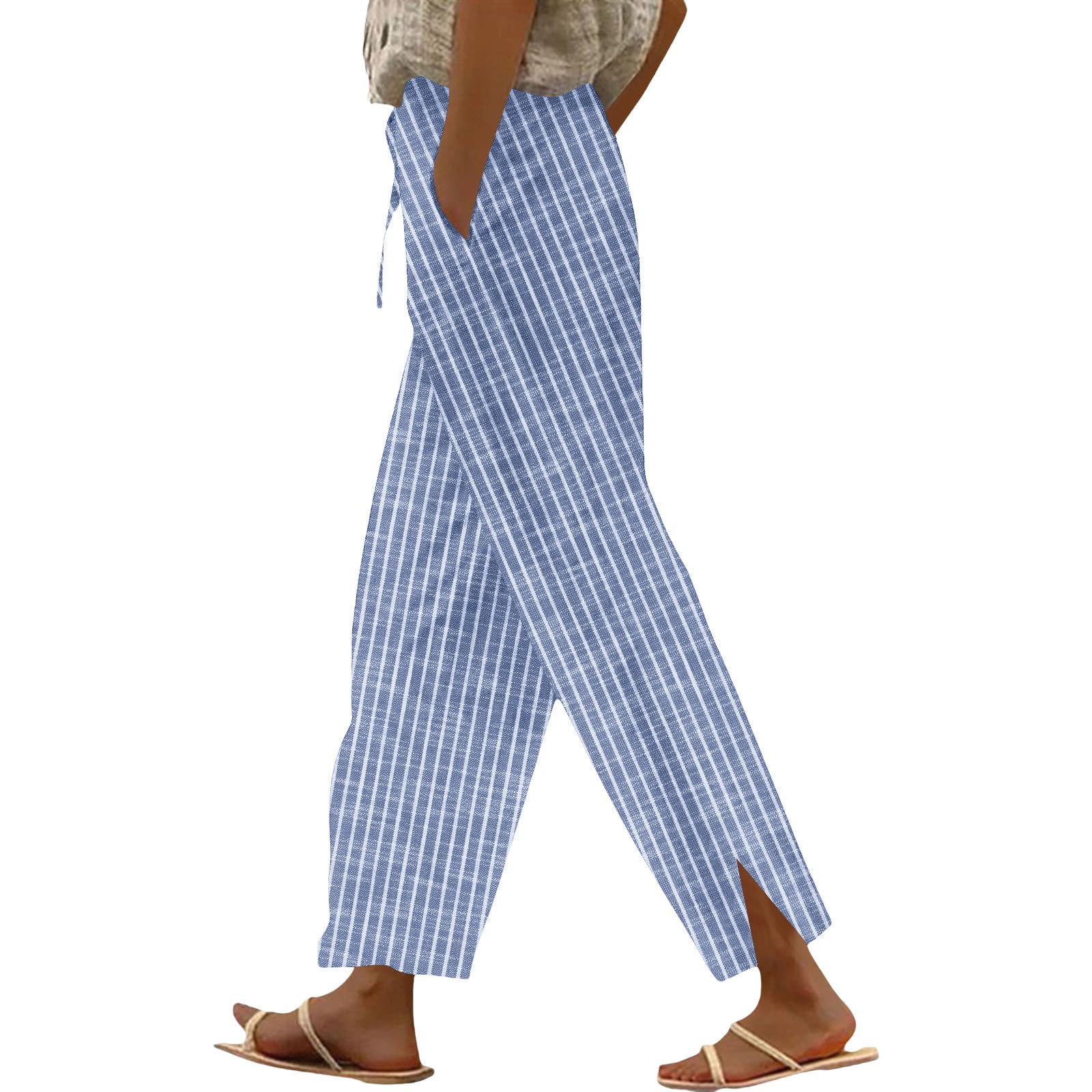 Womens Linen Pants High Waisted Elastic Drawstring Lounge Trousers Summer Casual Side Split Beach Pants with Pockets