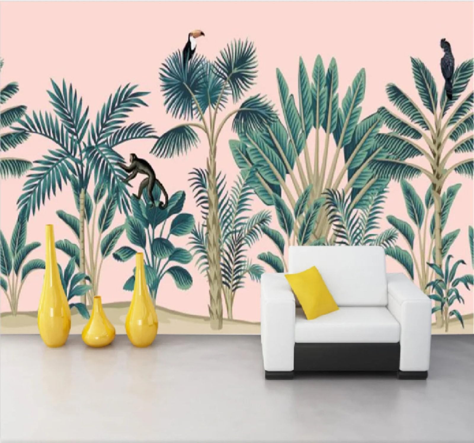Xlming 430Cm×300Cm(B×H) Fresh Ethereal Tropical Plants Animals 3D Wallpaper Silky Texture Home Study Office Grey Dining Room Sofa Bedroom Living Room Tv Backdrop-430Cm×300Cm