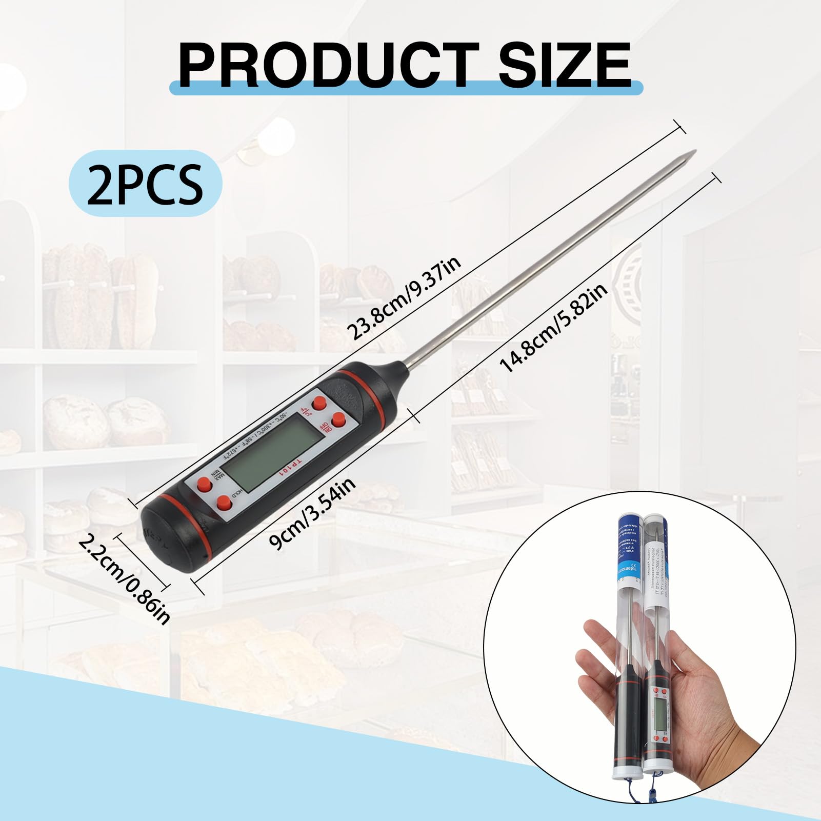 2 termómetros de cocina digital con sonda para barbacoa, carne, filete, pavo, vino y jalea, gran pantalla lcd, amplio rango de medición, apagado automático, entre - 50 ° C y + 300 °