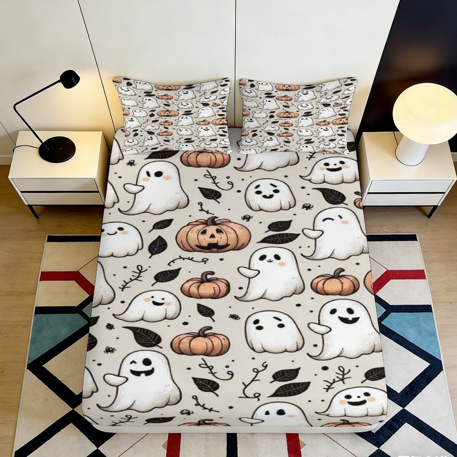 3D Printed Cute Ghost Pumpkin Fitted Sheet Microfiber Soft Bed Sheet Halloween Decor for Bedroom Guest Room Dormitory 90x200x25cm