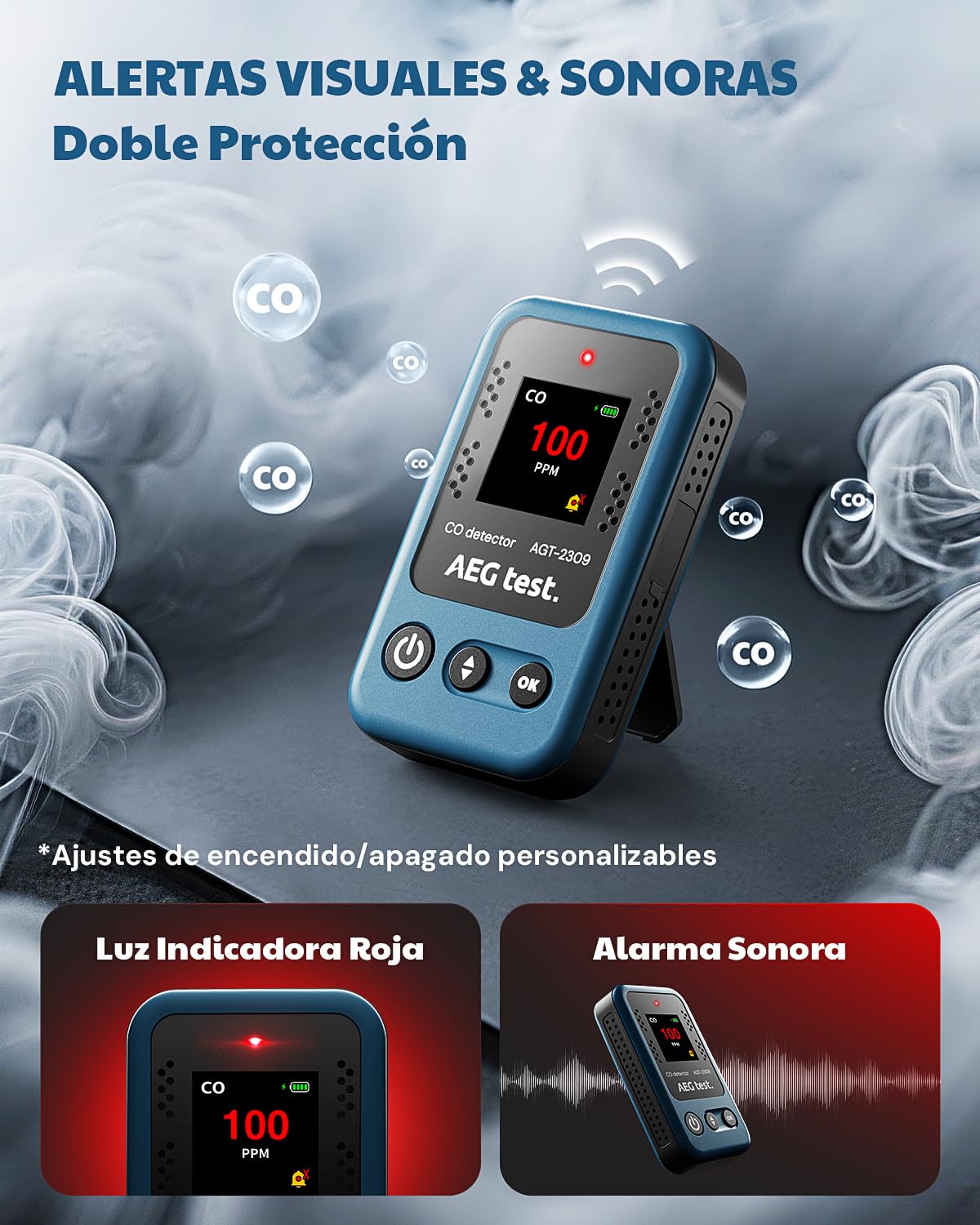 AGT-2309 Detector portátil de monóxido de Carbono, autonomía de 15 días, Mini medidor CO Recargable con cordón para Viajes y Camping, alertas sonoras y visuales, 0–1000 ppm – Azul