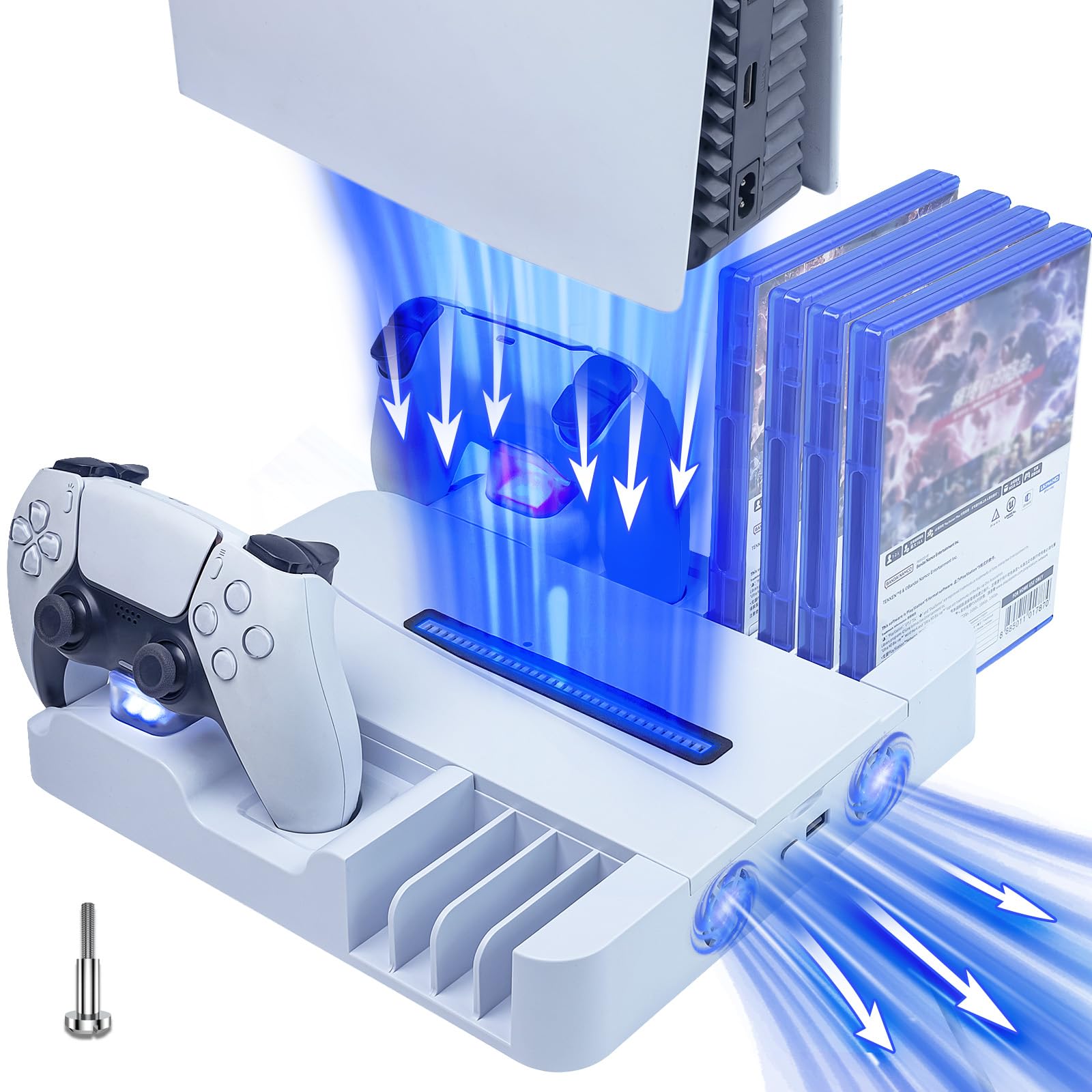 Estación de Recarga Rápida del Consola PS 5 con Ventilador de Enfriamiento, Cargador Compatible con Mando Play 5, Soporte para Auriculares Gafas Cascos PS 5