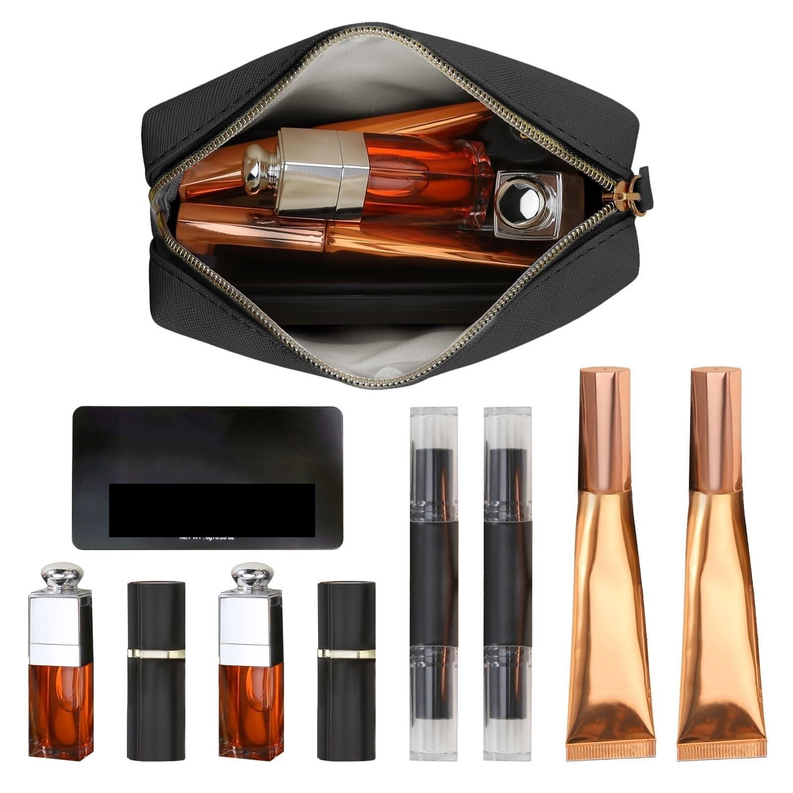 RUVOO Portátil para Viaje Bolsas Bolso Cosmético De Cuero del Viaje Pequeño Bolso Cosmético Portátil del Almacenamiento del Bolso del Cosmético con La Cremallera Organizador Maquillaje(Black,24cm)