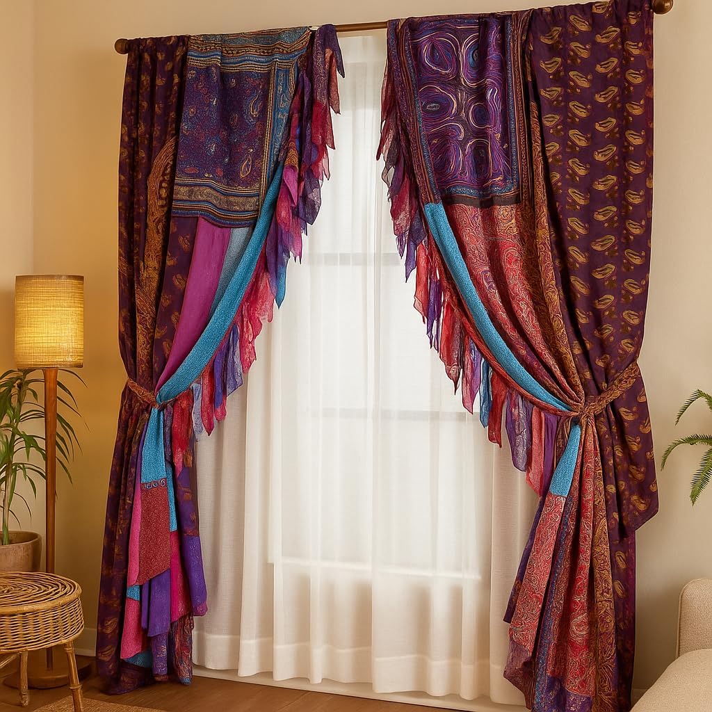 Vintage Window Treatments Boho Gypsy Hippy Bohemian Wall Hanging Room Decor Curtain Each Indian Silk Saree Patchwork Curtains Handmade Boho – 83x41 Inch (2 PCS)