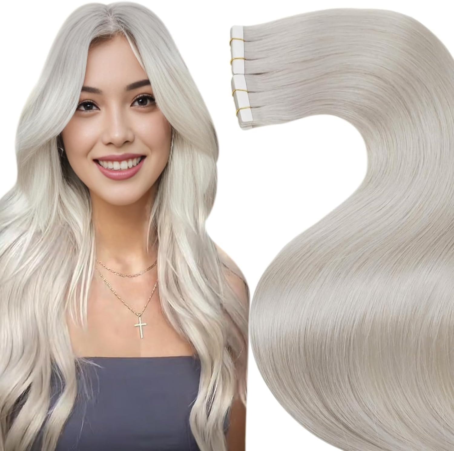 LaaVoo Platinum Blonde Human Hair Tape in Extensions - 14 Inch White Blonde Skin Weft - 20pcs 40g