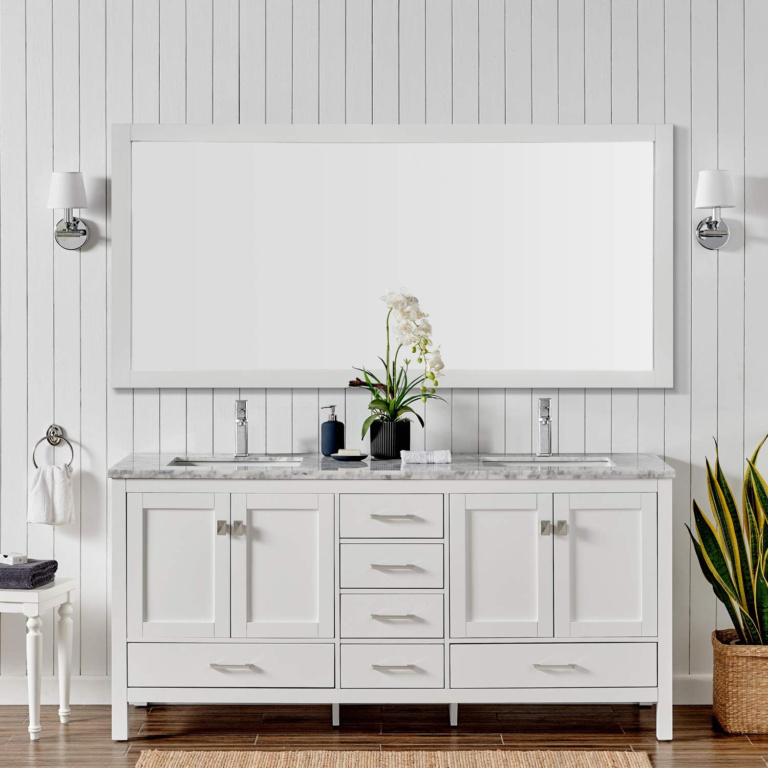 Eviva London 60 x 18 inch White Transitional Double Sink Bathroom Vanity with White Carrara Quartz Countertop and Undermount Porcelain Sinks