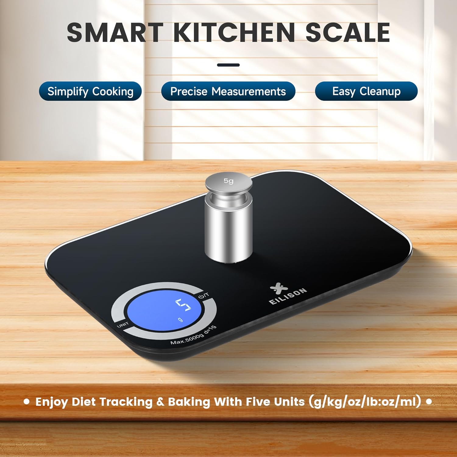 EILISON Smart Kitchen Scale with Bluetooth App, High-Precision Digital Food Scale for Baking, Cooking & Diet, 8000 Food Database, 24 Nutrients, Touchscreen, Tare Function, 5g-8000g Capacity (Black)